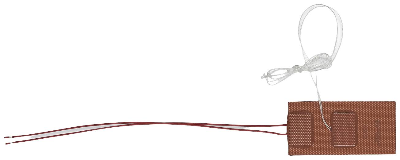 Ein rechteckiges, braunes Heizkissen mit zwei Drähten zur Stromzufuhr und einem weißen Band zur Befestigung oder Verbindung.