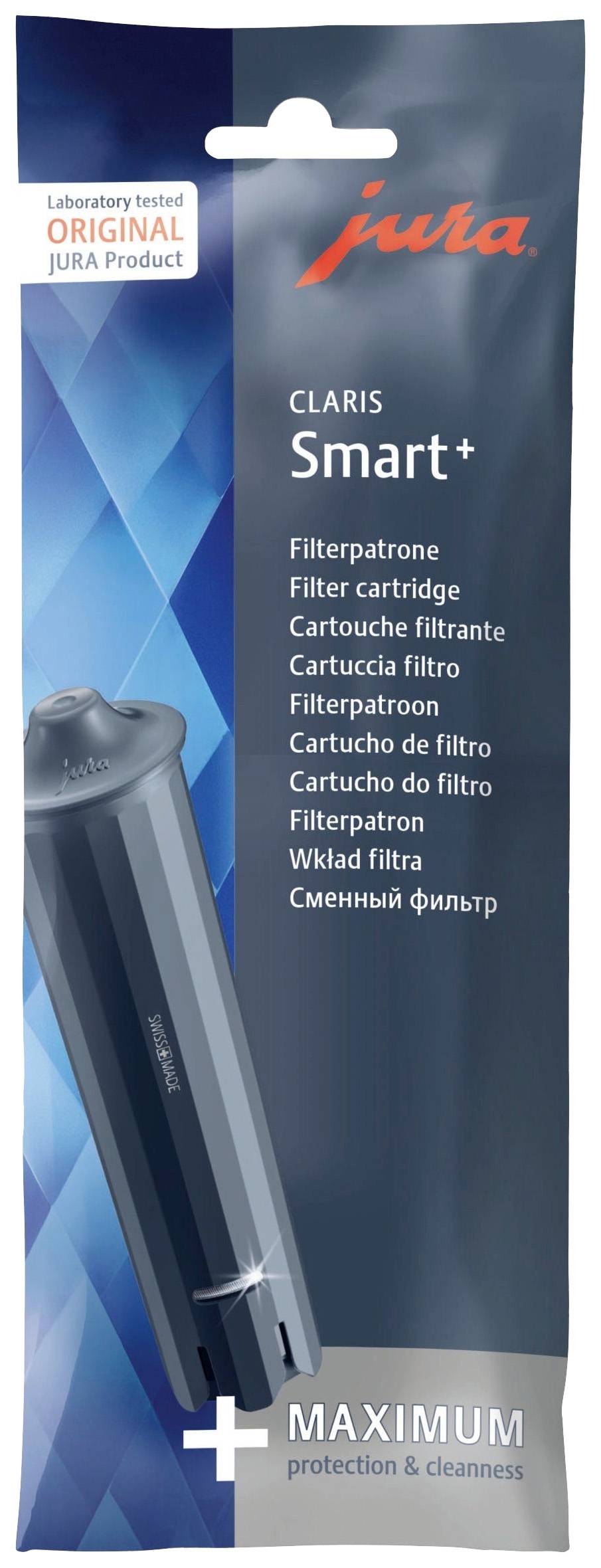 Filterpatrone für Jura-Kaffeemaschinen, Modell CLARIS Smart+. Produktverpackung zeigt den Filter und wirbt mit 'MAXIMUM protection & cleanliness'.