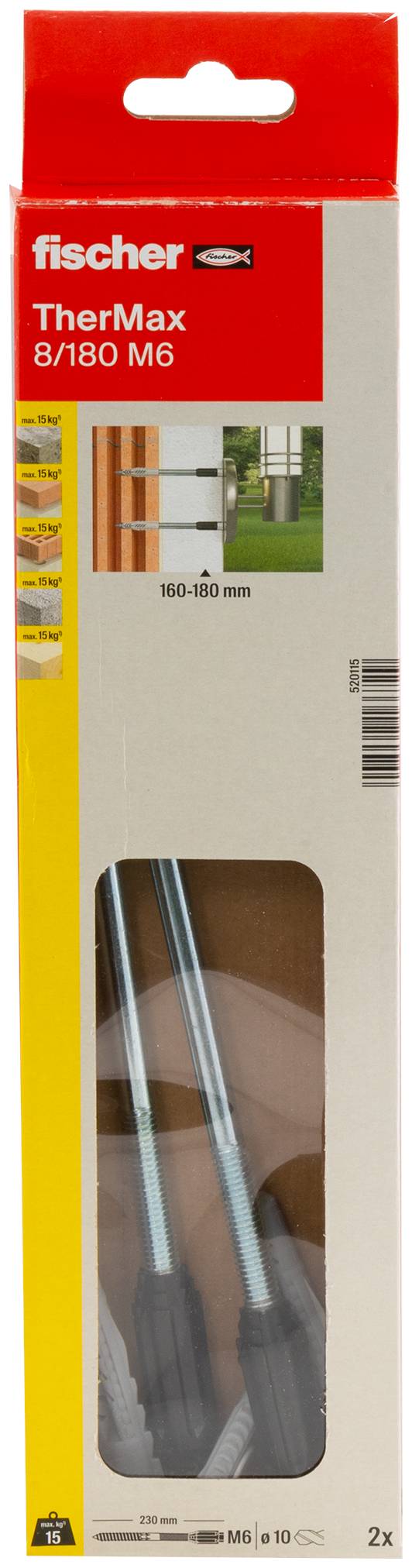 Ein großer Dübel mit Metallgewinde und schwarzem Sechskantkopf liegt neben zwei kleineren Dübeln, einem mit silbernem und einem mit grauem Finish.