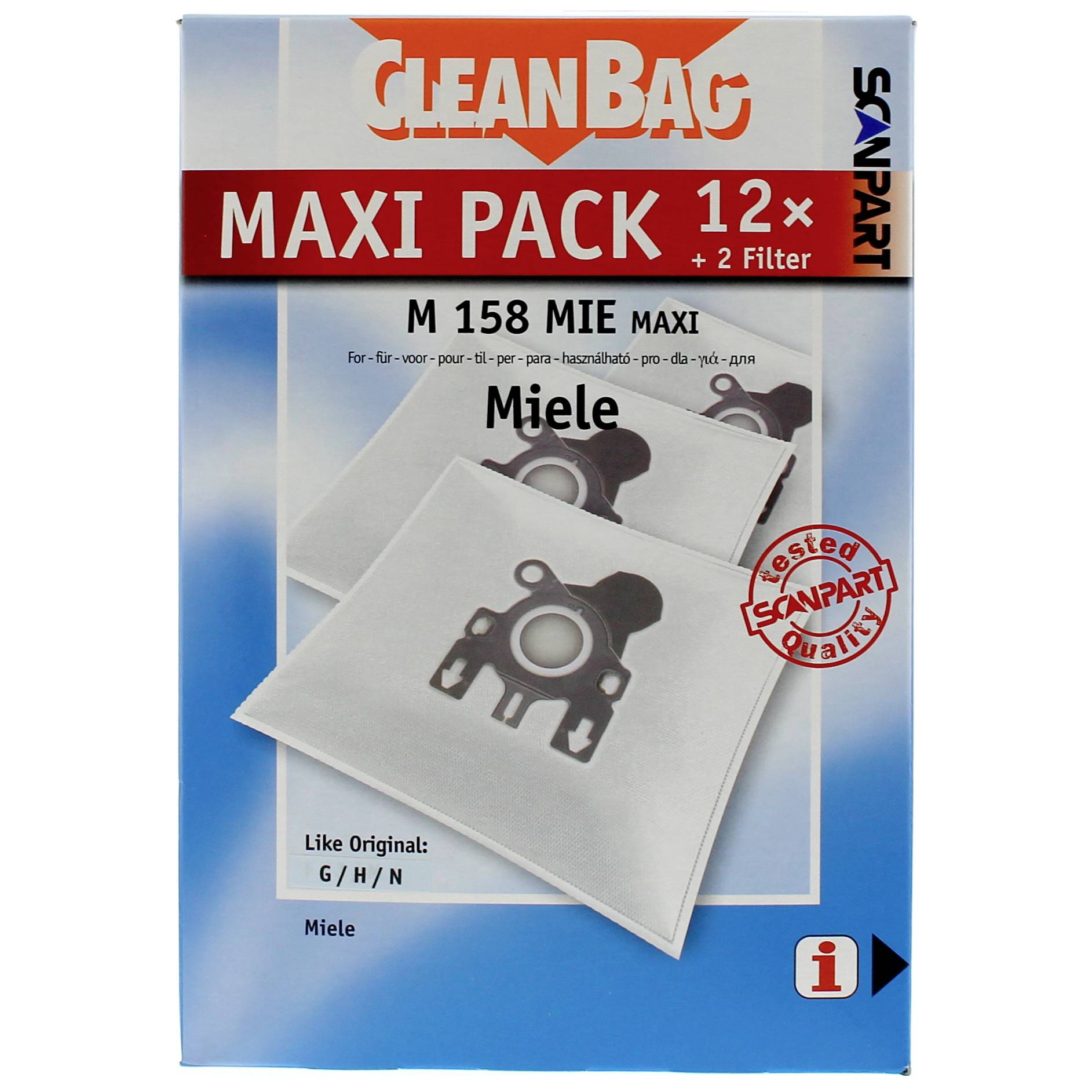 'Cleanbag Maxi Pack 12 + 2 Filter' Verpackung, zeigt Staubsaugerbeutel-Muster für Modell M 158 MIE Maxi, passend für Miele Staubsauger.