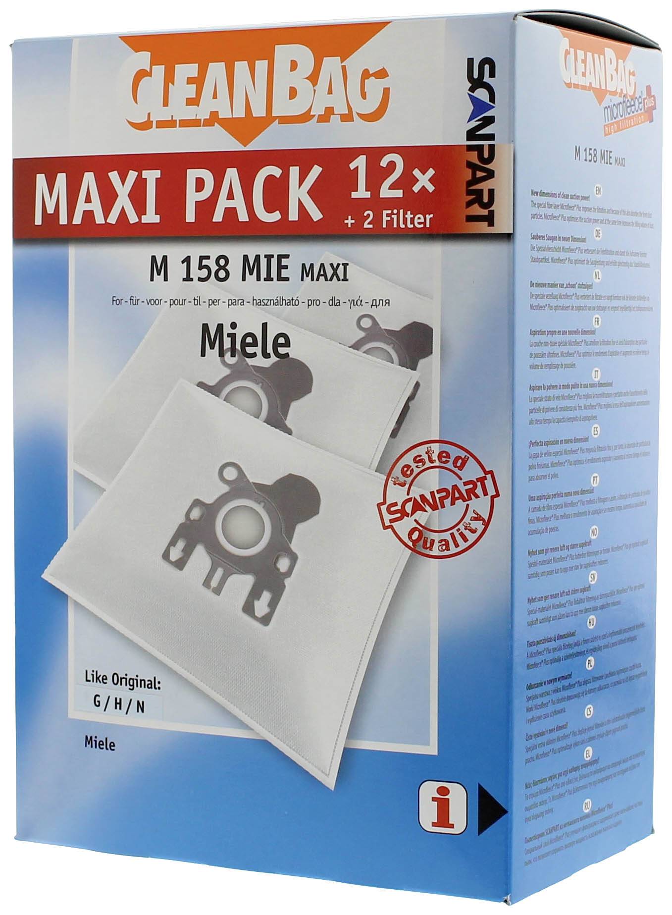 Verpackung eines Staubsaugerbeutels, Marke CleanBag, für Miele Modelle. Enthält 12 Beutel und 2 Filter. Tested Quality Logo sichtbar.