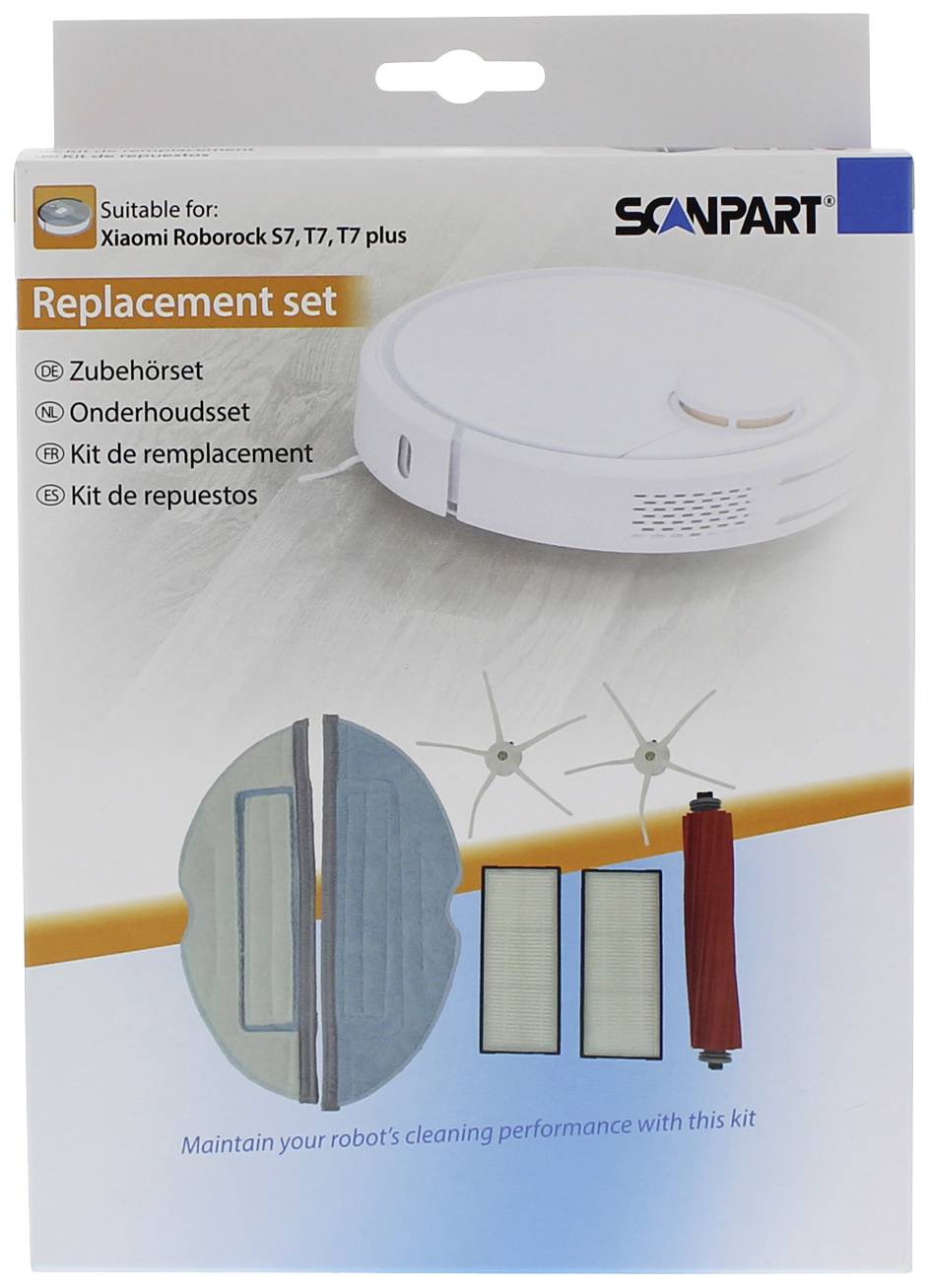 'Replacement set' für Roboterstaubsauger, zeigt Ersatzteile wie Seitenbürsten, Filter und Rollen. Verpackung mit Staubsaugerbild.