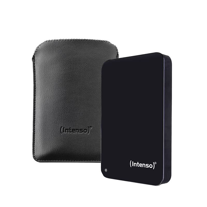 Externe Festplatte in schwarzem Design neben schwarzer Lederhülle. Markenname 'Intenso' auf beiden. Geeignet zur Datenspeicherung.