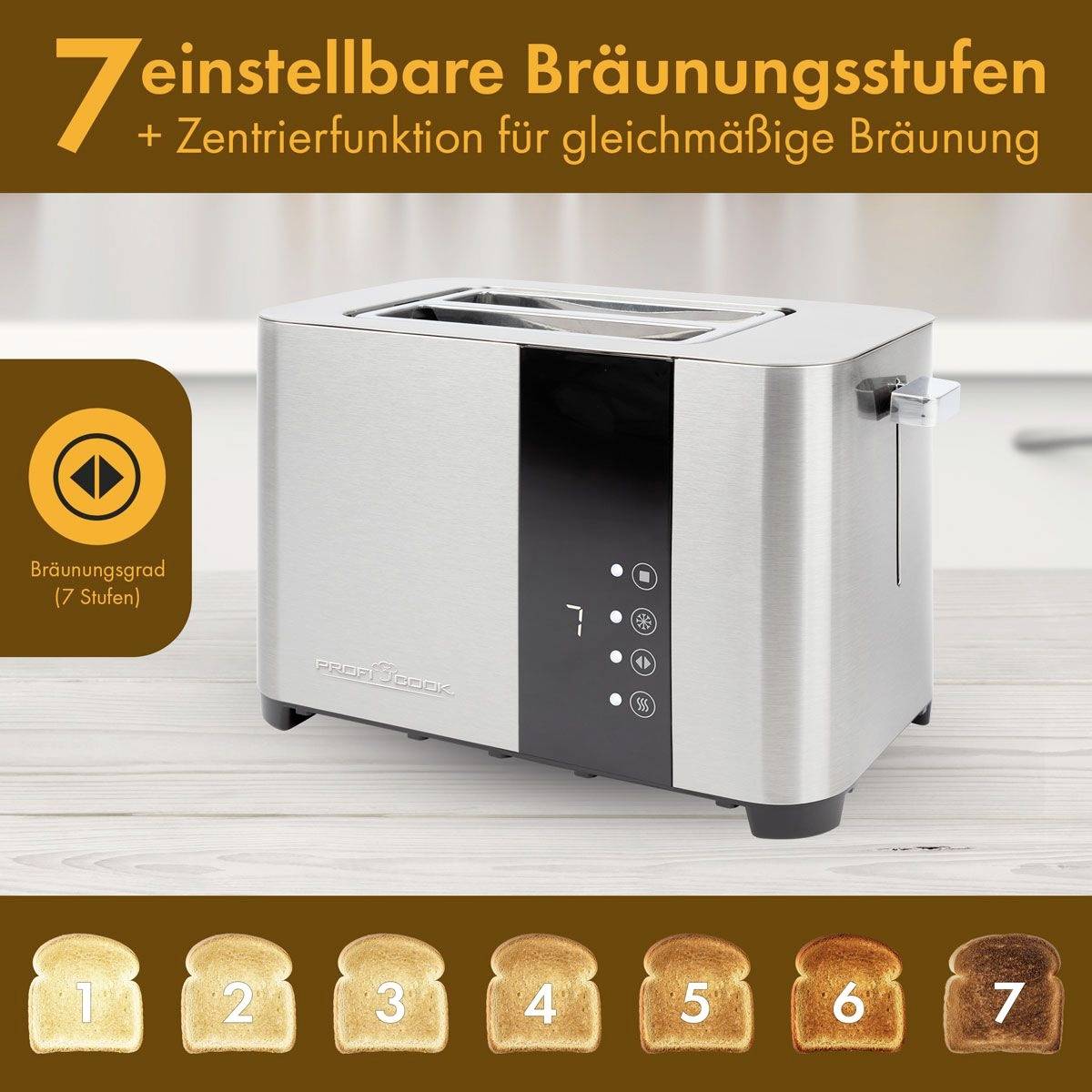 Ein Toaster mit Edelstahloberfläche und sieben einstellbaren Bräunungsstufen. Zeigt Bräunungsstufen mit passenden Toastfarben.