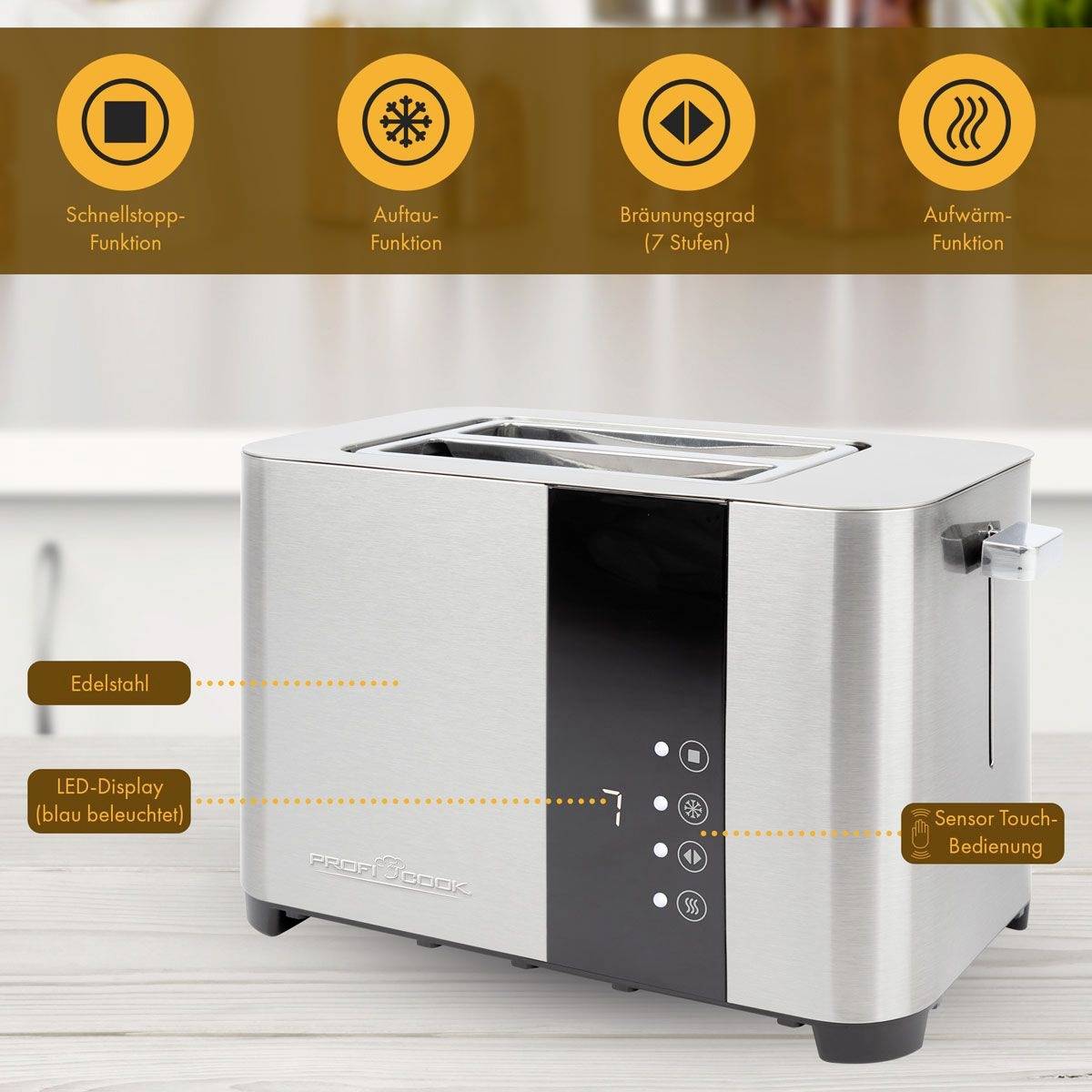 Toaster aus Edelstahl mit Schnellstopp, Aufbackfunktion und Aufwärmfunktion. LED-Display und Sensortasten-Steuerung.