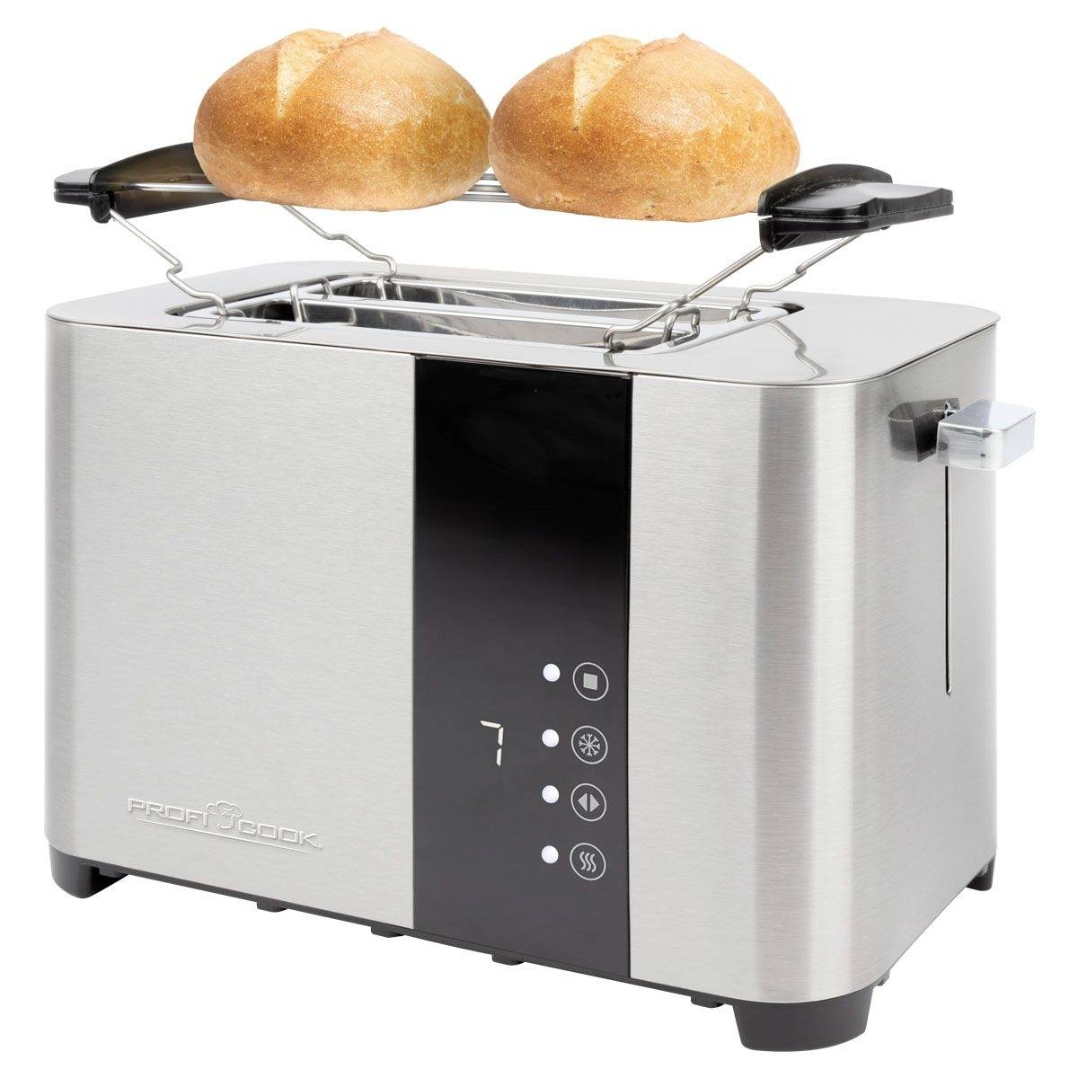 Ein silberner Toaster mit digitalem Display röstet zwei Brötchen auf einem integrierten Brötchenaufsatz.