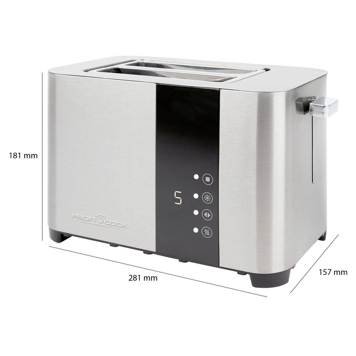 Ein moderner Edelstahltoaster mit digitalem Display und Bedienelementen an der Vorderseite. Maße: 181 mm hoch, 281 mm breit, 157 mm tief.