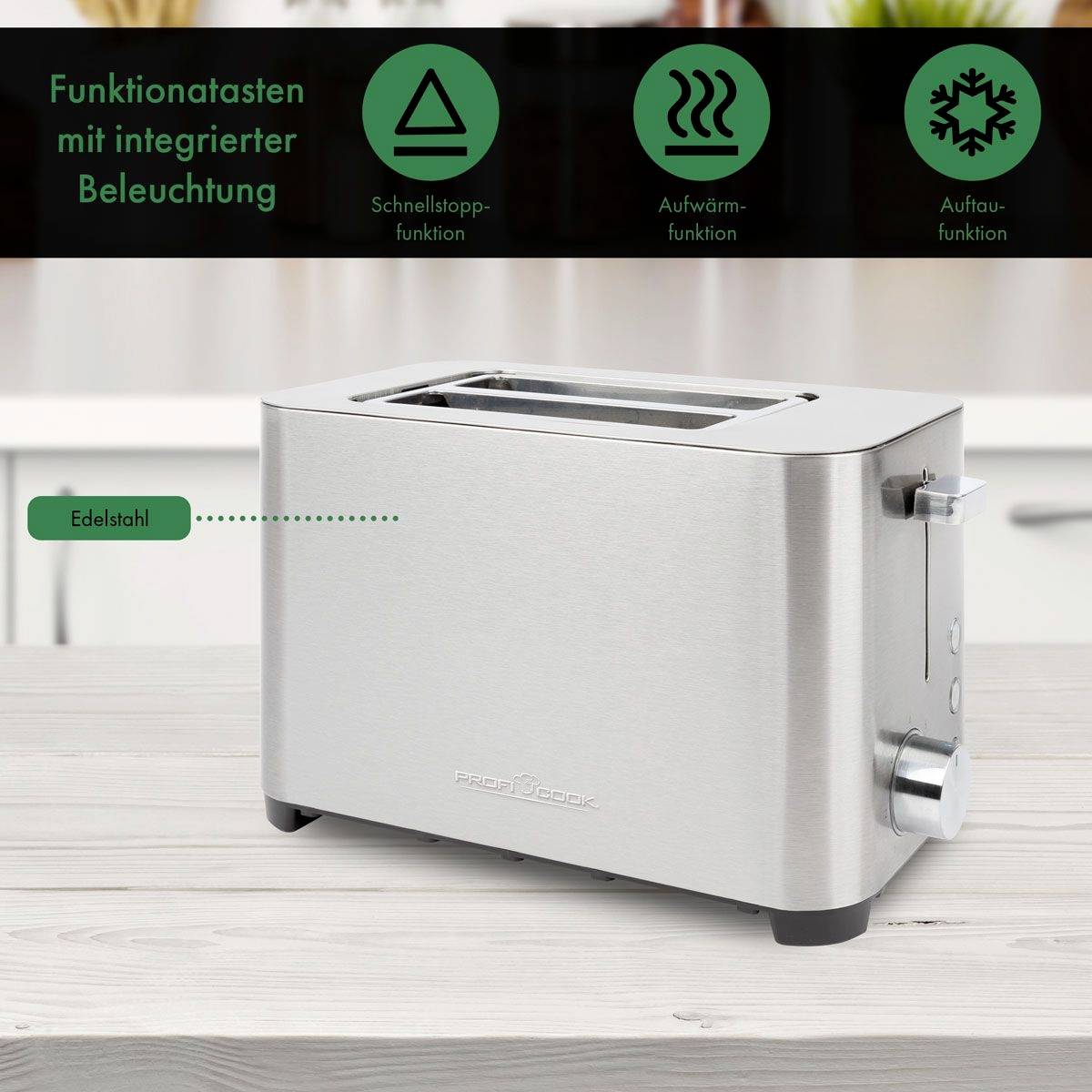 Edelstahl-Toaster mit Schnellstopp-, Aufwärm- und Auftaufunktionstasten. Funktionen hervorgehoben durch Symbole und Text.