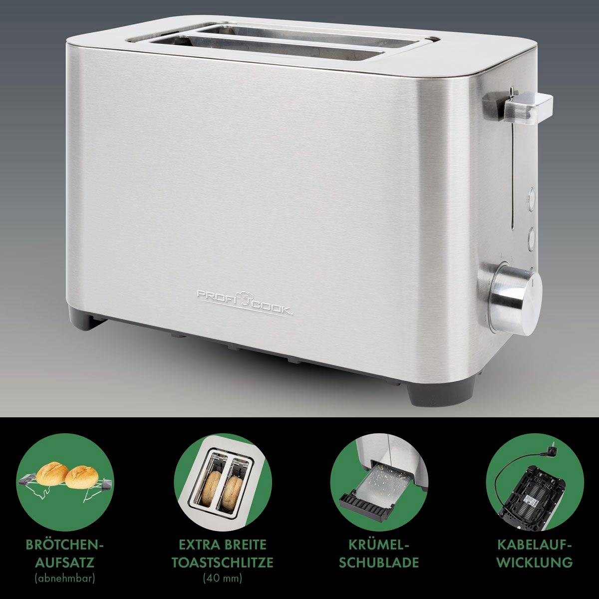 Ein silberner Toaster mit breitem Schlitz. Darunter Symbole: 'Brötchenaufsatz', 'Extra breite Toastschlitze', 'Krümelschublade', 'Kabellaufwicklung'.