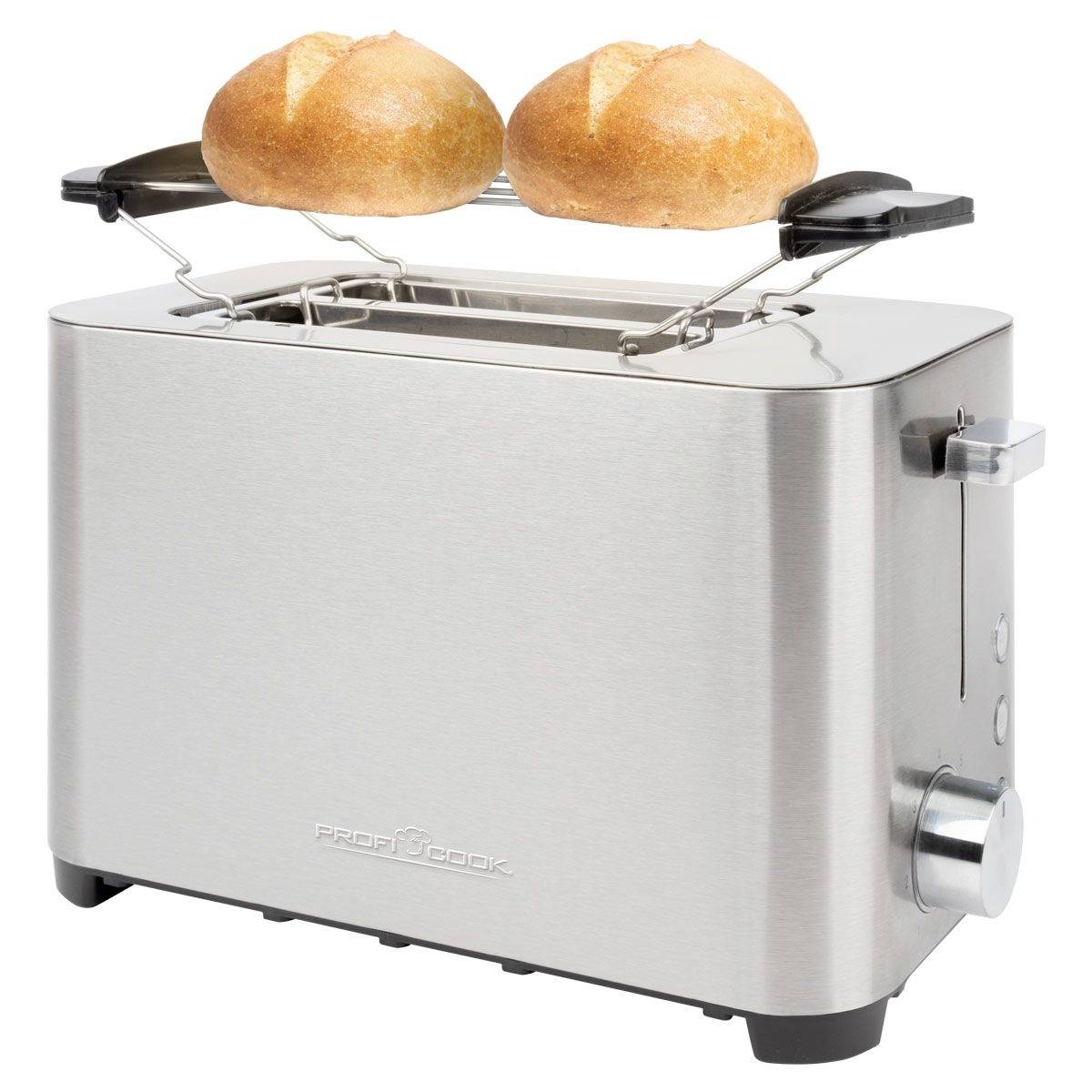 Ein silberner Toaster mit zwei Brötchen auf einem Brötchenaufsatz. Der Toaster hat einen Drehknopf und eine Hebelsteuerung.