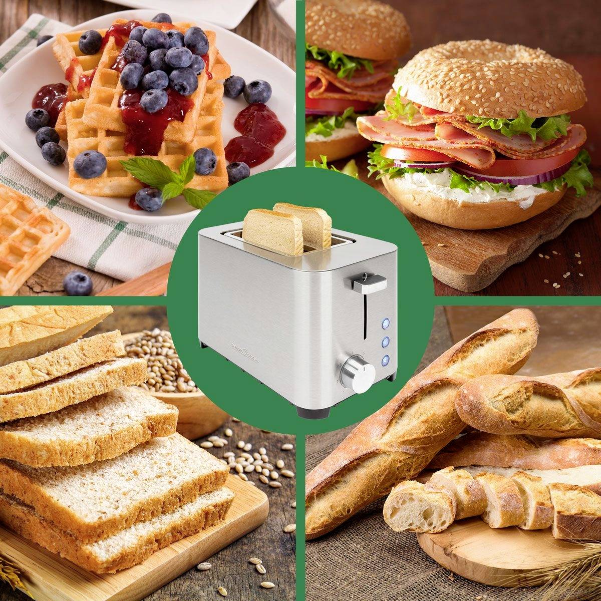 Ein Toaster in der Mitte, umgeben von Waffeln mit Beeren, belegten Burgern und verschiedenen Brotsorten.