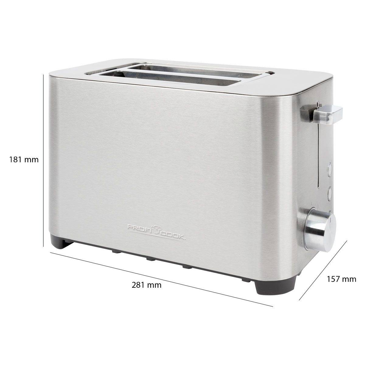 Ein silberner Toaster aus Metall mit zwei Schlitzen. Zeigt Maße in Millimetern: Höhe 181 mm, Breite 281 mm, Tiefe 157 mm.