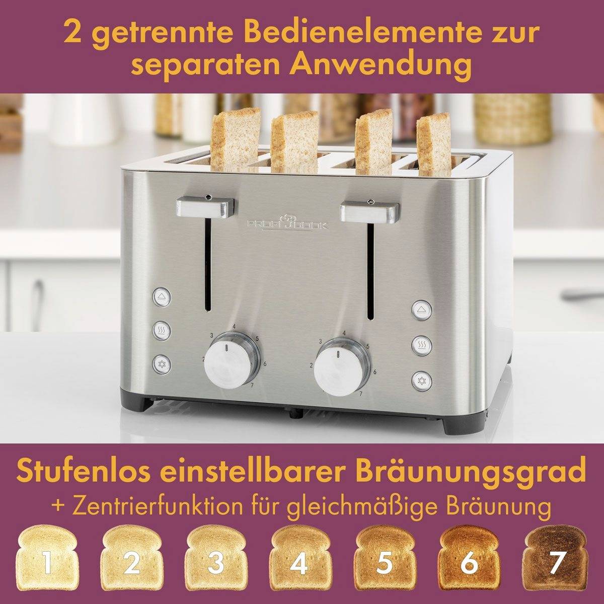 Ein Edelstahl-Toaster mit zwei Brot-Slots und separaten Bedienelementen. Zeigt eine Bräunungsgrad-Skala von 1 (hell) bis 7 (dunkel).