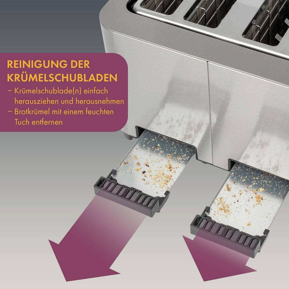 Toaster mit herausgezogenen Krümelschubladen, Text: 'Reinigung der Krümelschubladen - Krümelschublade(n) einfach herausziehen und herausnehmen'.