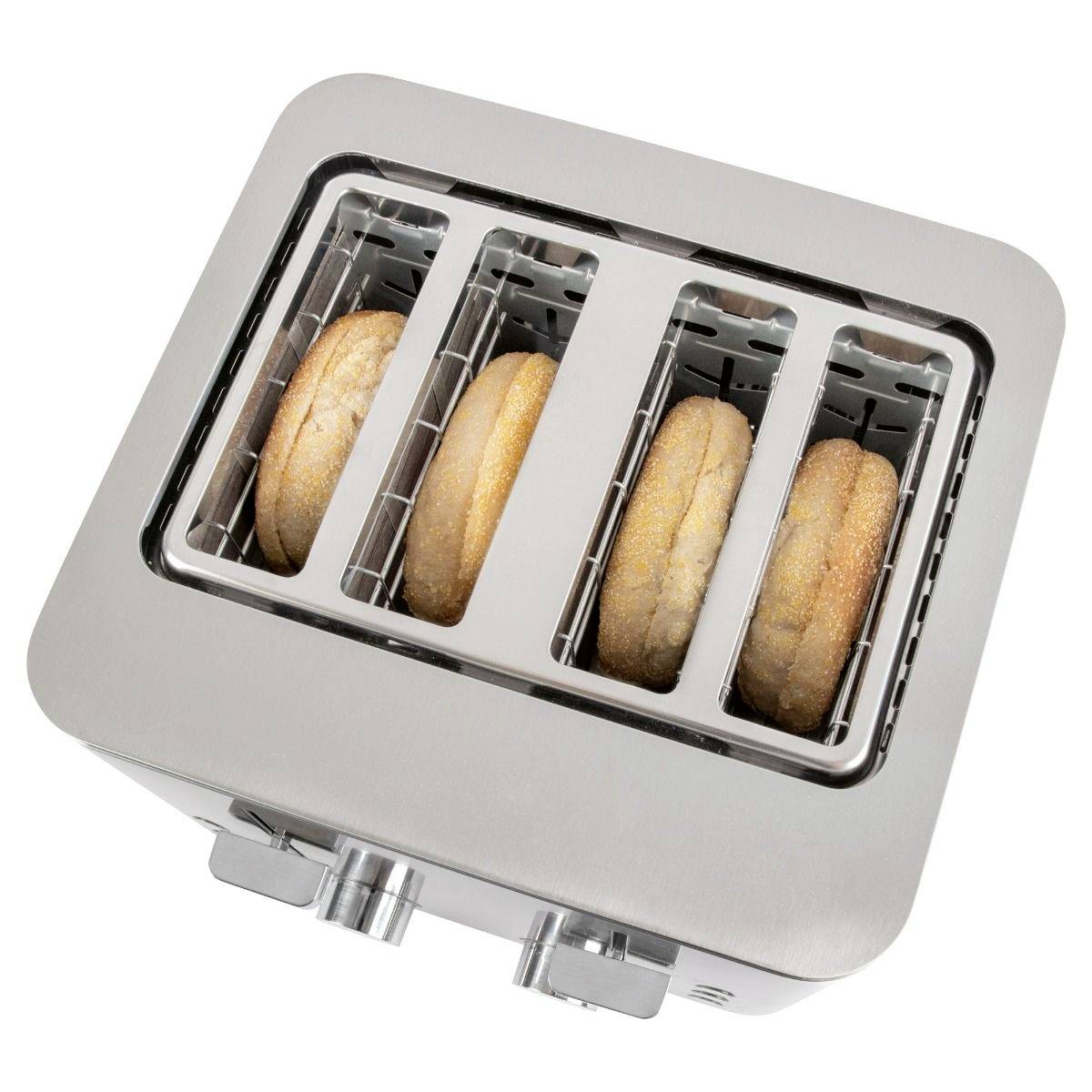Ein silberner Toaster mit vier Fächern röstet vier Bagels gleichmäßig.