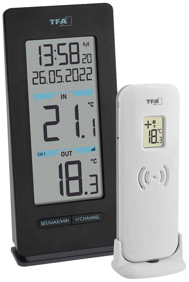 Digitales Thermometer mit zwei Modulen: Eine Anzeige zeigt aktuelle Innentemperatur (21,1°C), Datum, Uhrzeit; andere zeigt Außentemperatur (18,3°C).