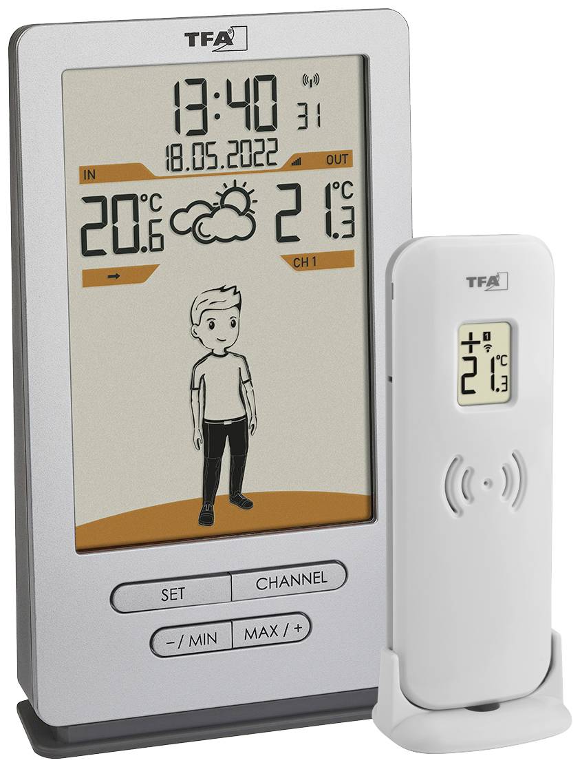 Digitales Thermometer mit Außensensor. Zeigt Uhrzeit, Datum und Temperaturen drinnen und draußen an. Enthält Wettervorhersage-Symbol.