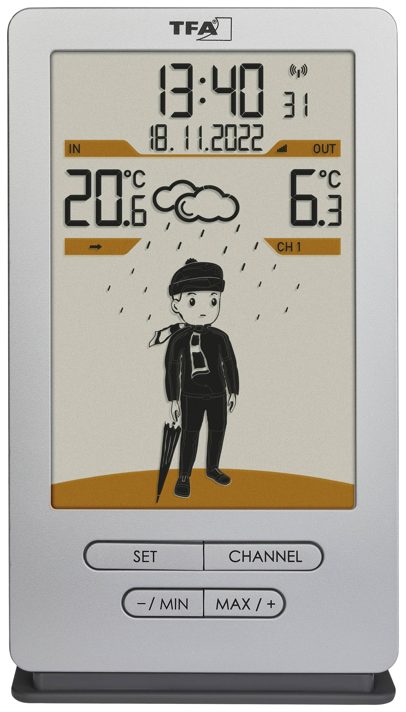 Elektronische Wetterstation zeigt Innen- und Außentemperaturen von 20,6°C und 6,3°C. Illustration von Regenwetter mit Figur.
