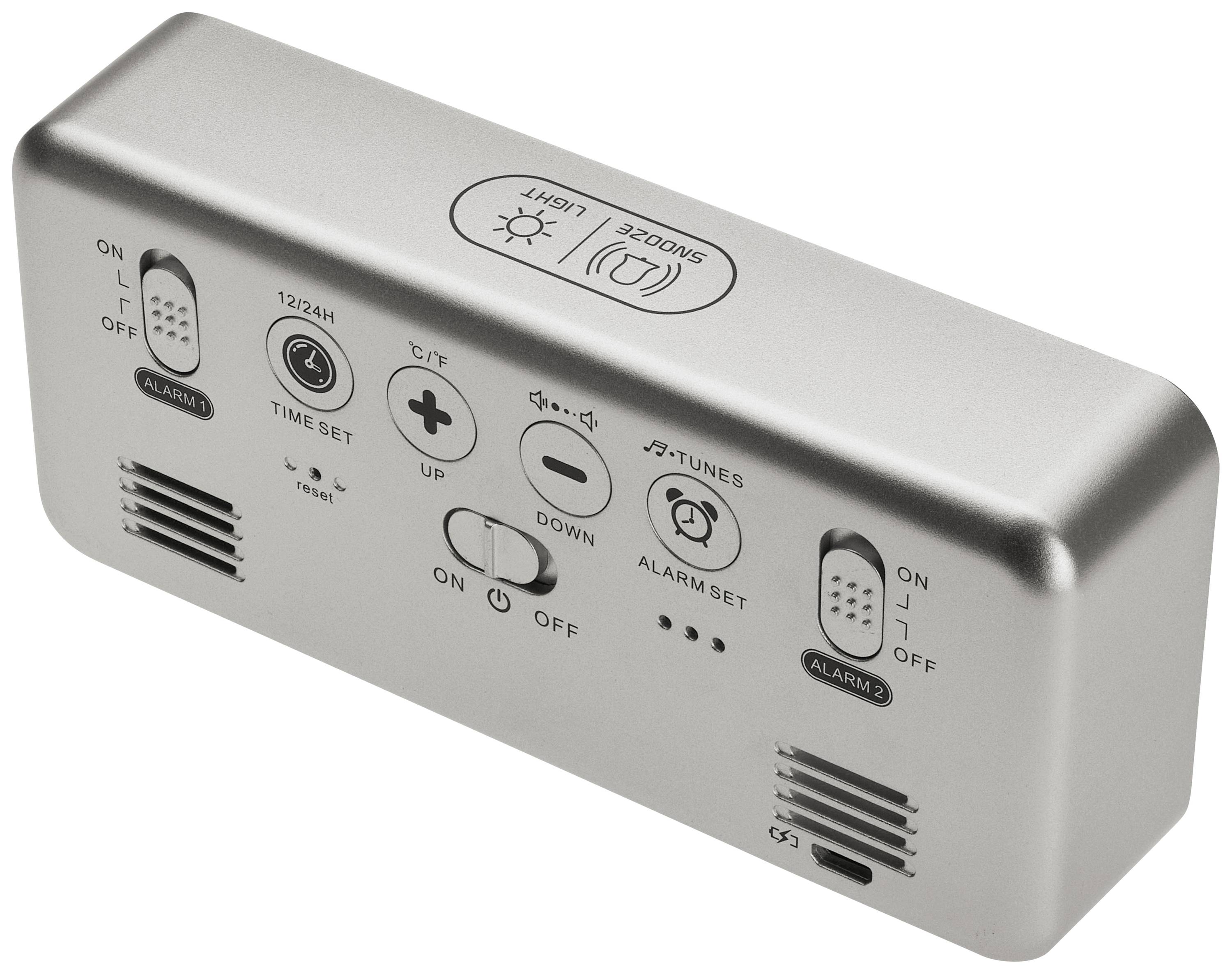 TFA Dostmann 60.2032.54 Quarz Wecker Silber Alarmzeiten 2 Großes Display, Extra lauter Weckton