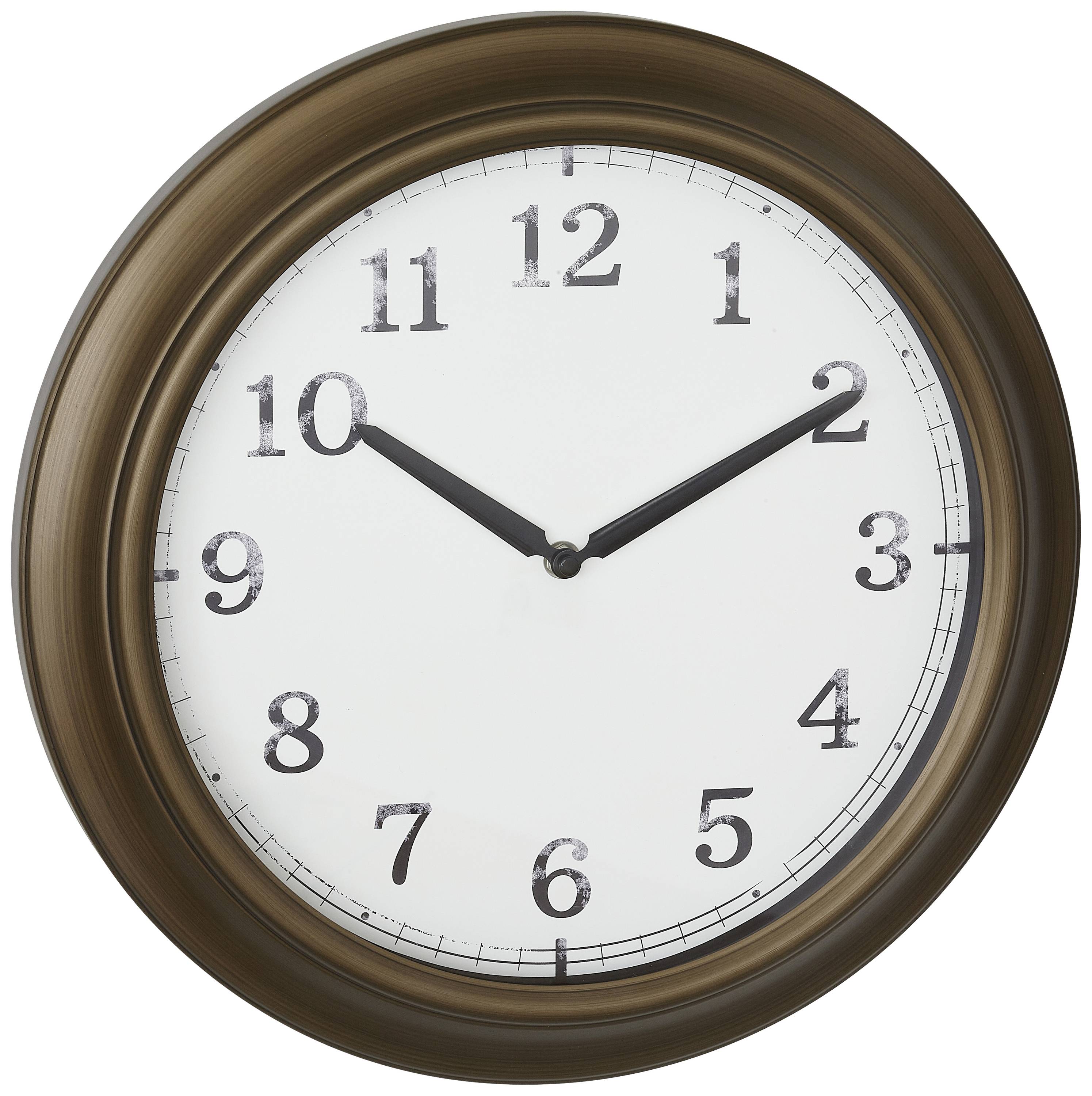 Eine runde Wanduhr mit einem braunen Rahmen zeigt 10:10 Uhr an.