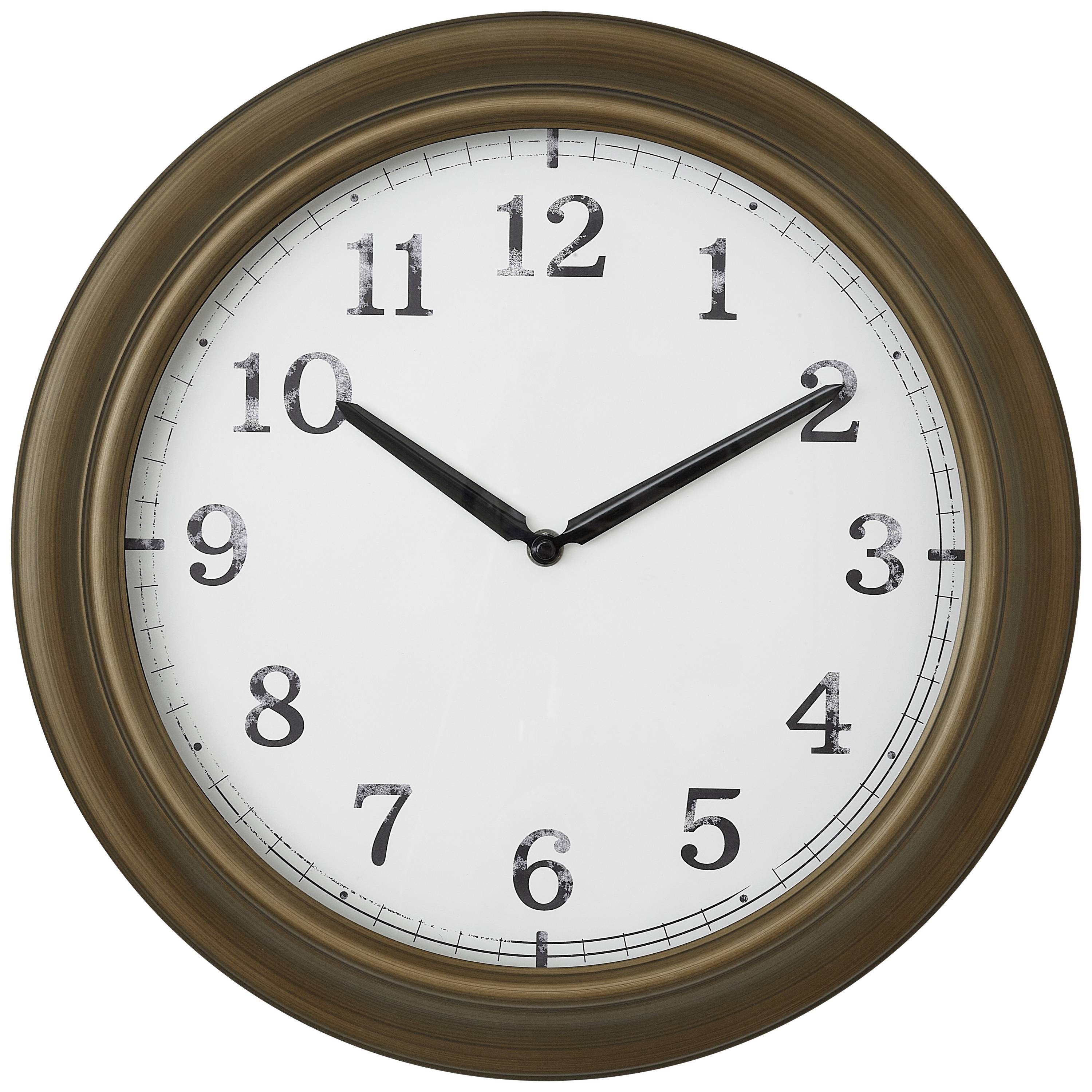 Runde Wanduhr mit braunem Rahmen zeigt 10:10 Uhr. Weiße Ziffernblatt mit schwarzen Ziffern und Zeigern.