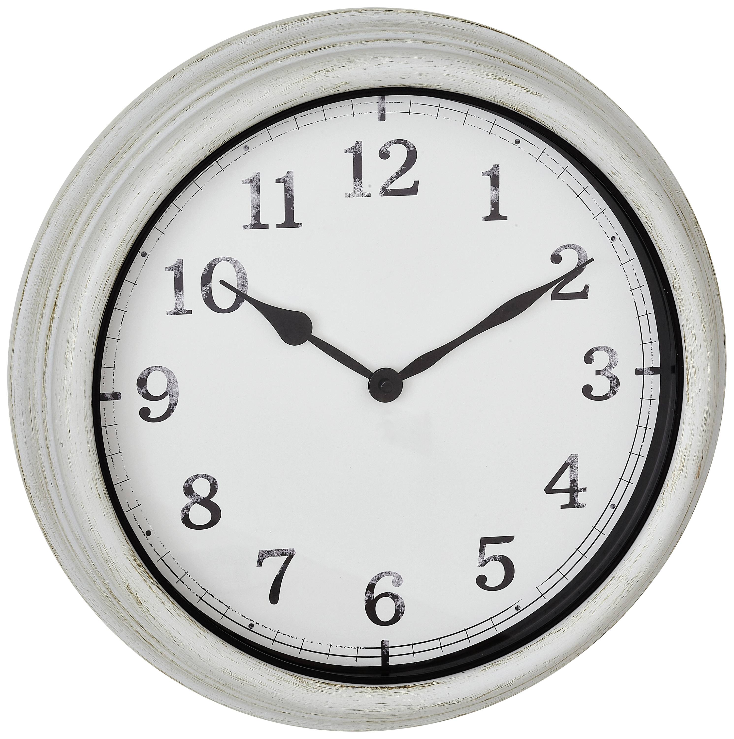 Eine runde analoge Uhr mit schwarzen Ziffern und Zeigern, zeigt die Uhrzeit zehn Minuten nach zehn.