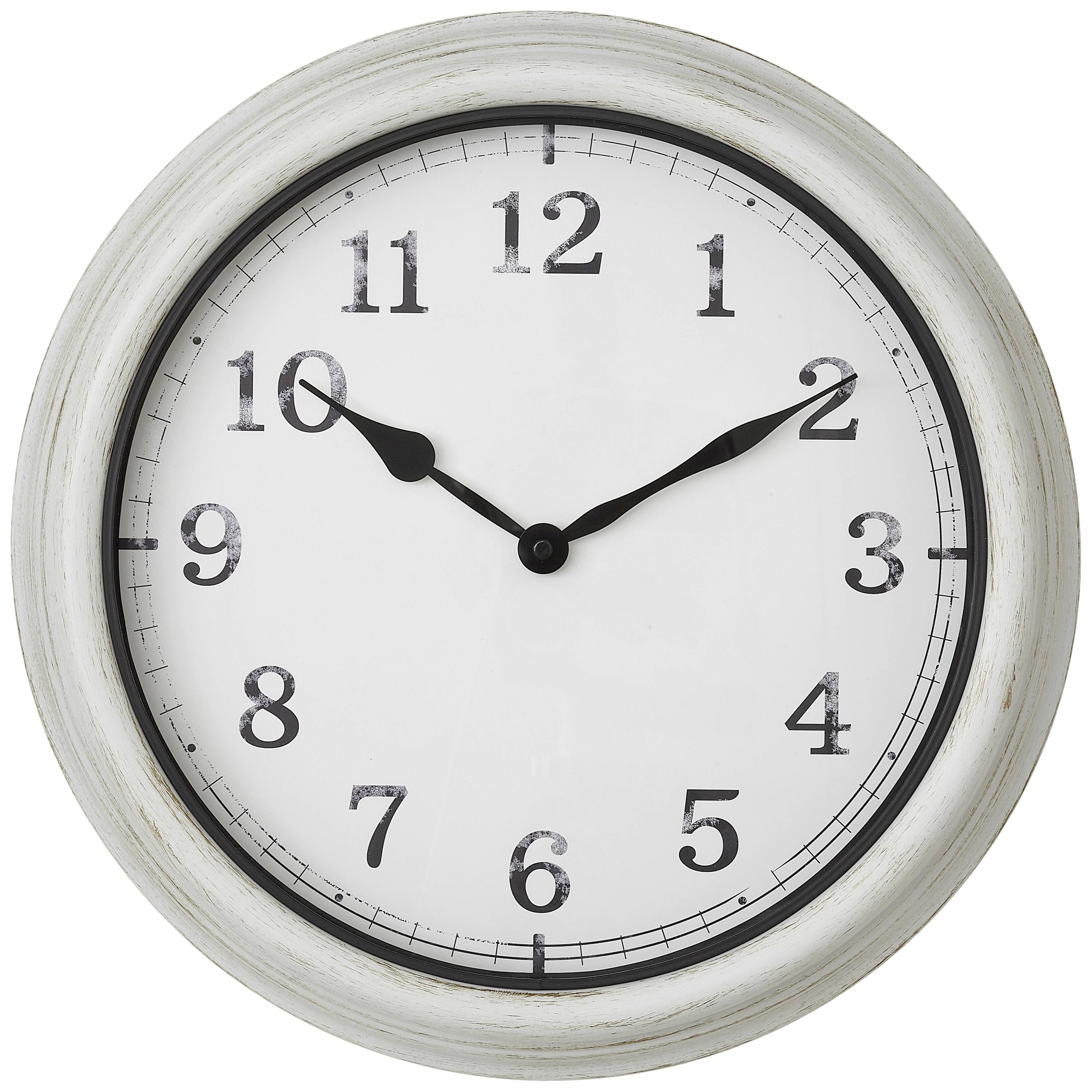 Eine analoge Wanduhr zeigt die Uhrzeit 10:10. Die Uhr hat ein weißes Zifferblatt mit schwarzen Zahlen und Zeigern.