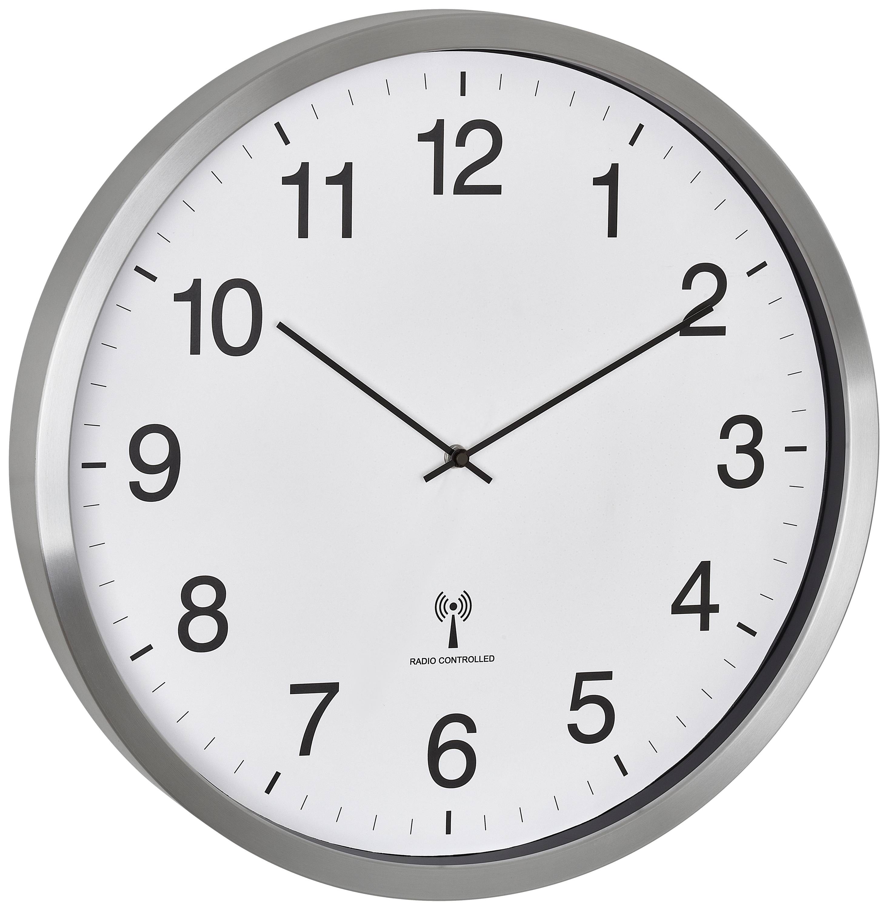 Eine runde Wanduhr mit schwarzem Stunden- und Minutenzeiger zeigt 10:10 Uhr. Das Zifferblatt ist weiß mit schwarzen Zahlen.