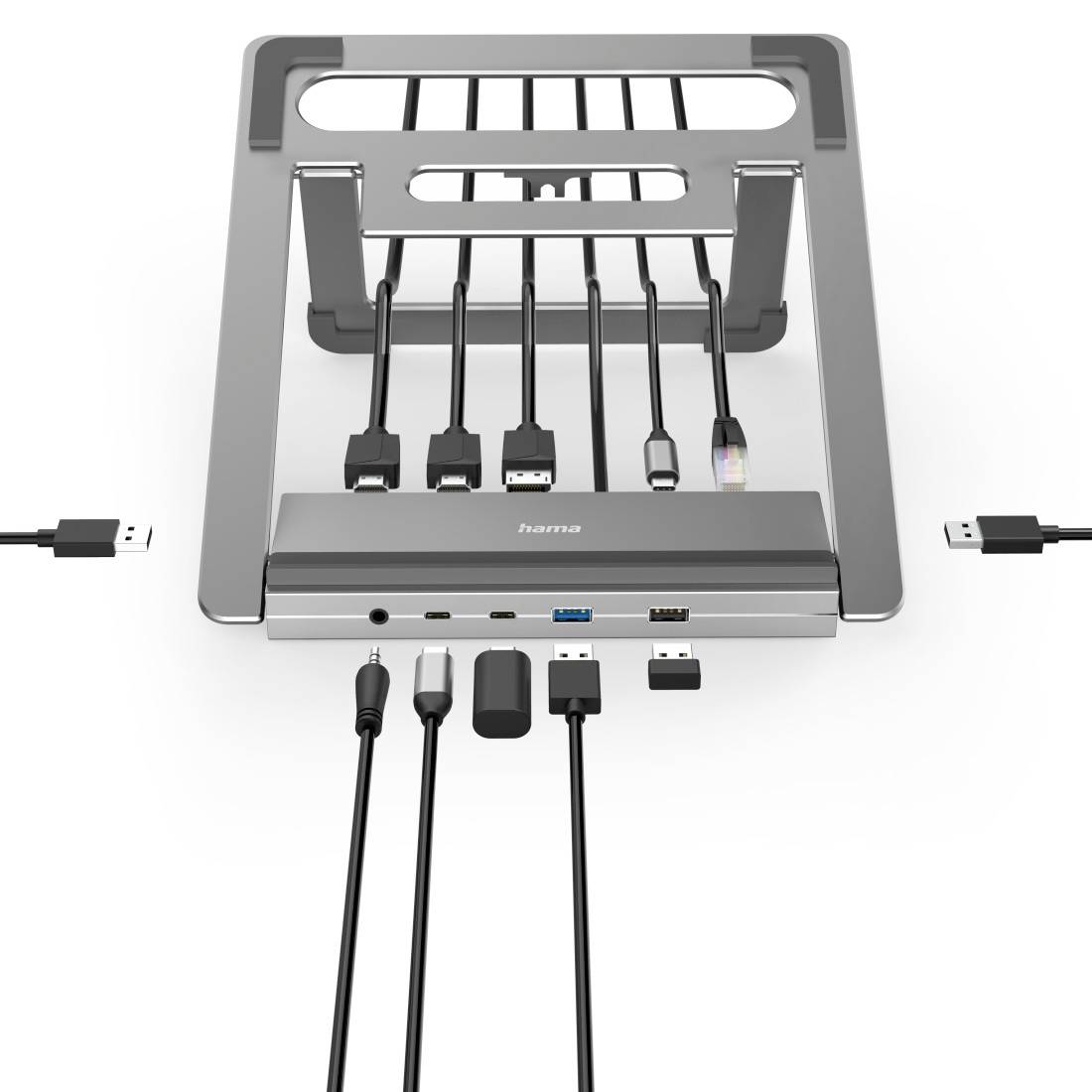 Laptopständer mit mehreren angeschlossenen Kabeln, wie USB und HDMI, an einem Dock für erweiterte Konnektivität.