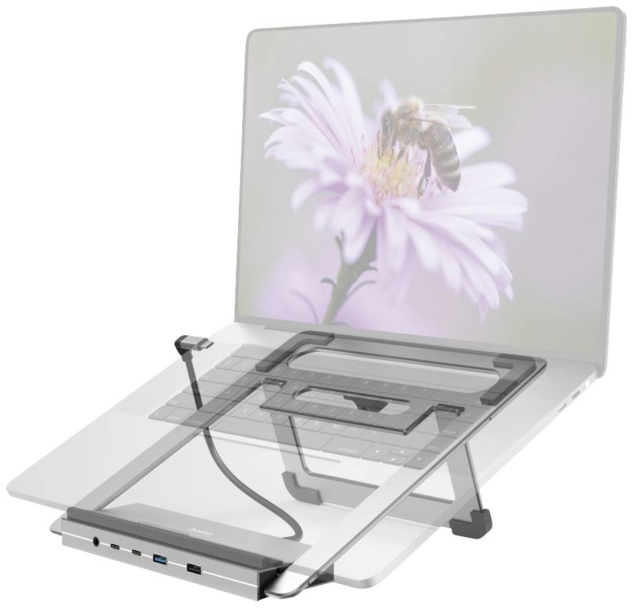 Laptop mit Bienenbild auf dem Bildschirm, auf einem verstellbaren Ständer mit integrierter Kabelmanagement-Funktion platziert.