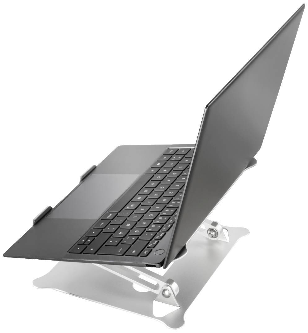 Ein schwarzer Laptop steht auf einem silbernen, verstellbaren Laptop-Ständer.