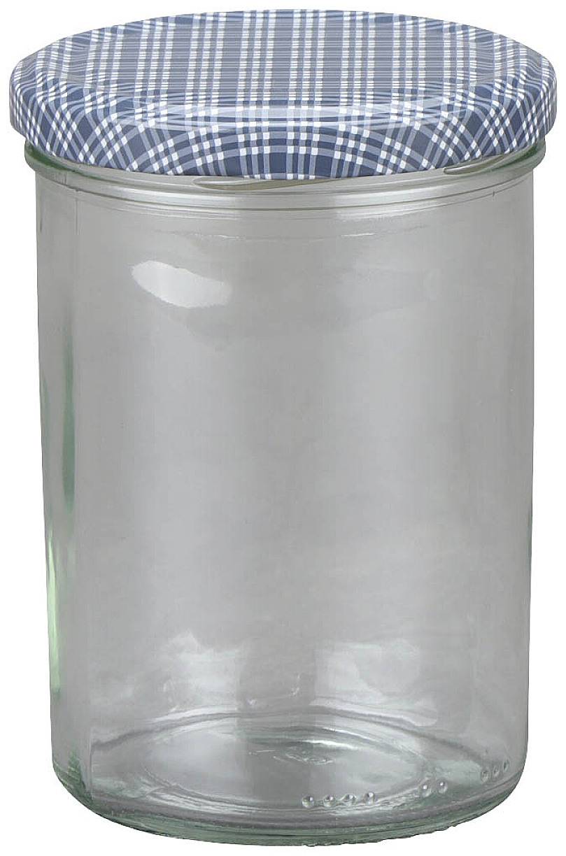 Ein leerer Glasbehälter mit kariertem Schraubdeckel, vor einem neutralen Hintergrund.
