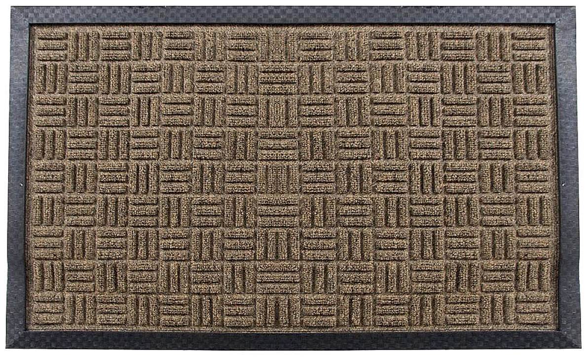 Brauene Fußmatte mit schwarzem Rand, rechteckiges Muster.