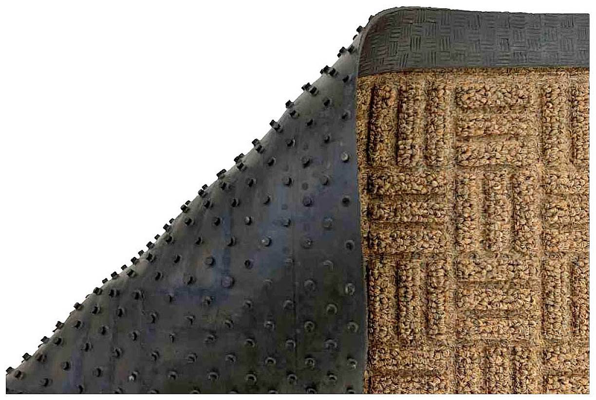 Fußmatte mit strukturierter, rutschfester Gummirückseite und gewebter, beiger Oberfläche für Innen- und Außenbereiche.