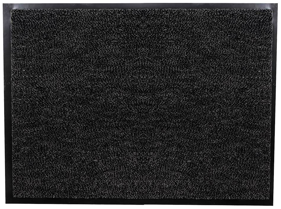 Ein rechteckiger, dunkelgrauer Fußabtreter mit strukturierter Oberfläche, um Schmutz von Schuhen abzufangen.