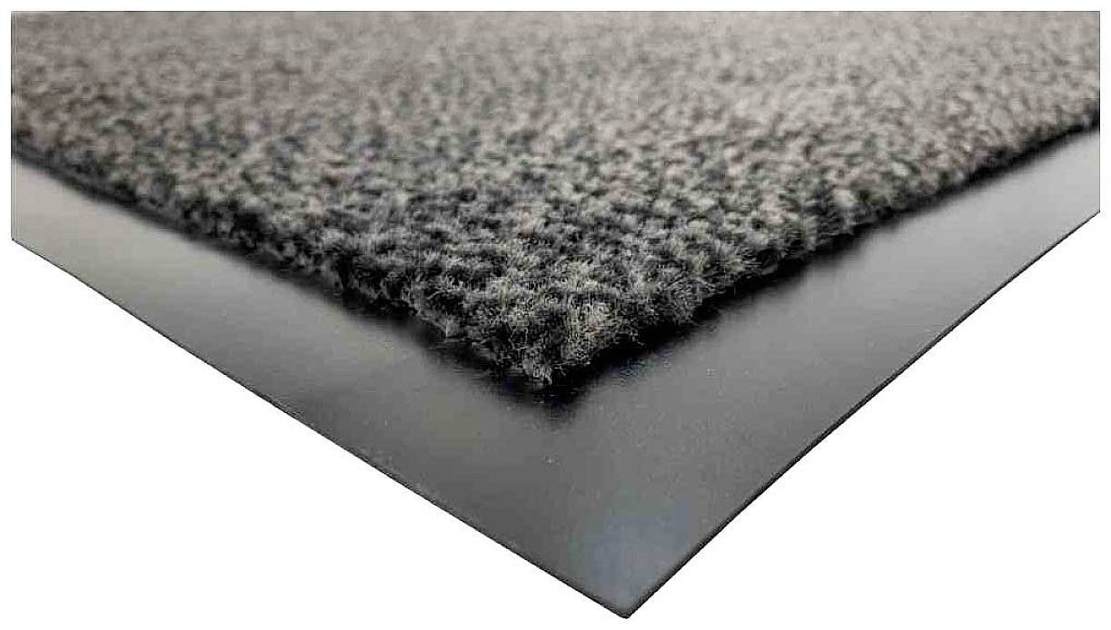 Eckansicht einer rutschfesten Fußmatte mit schwarzem Gummirand und grauer, texturierter Oberfläche.