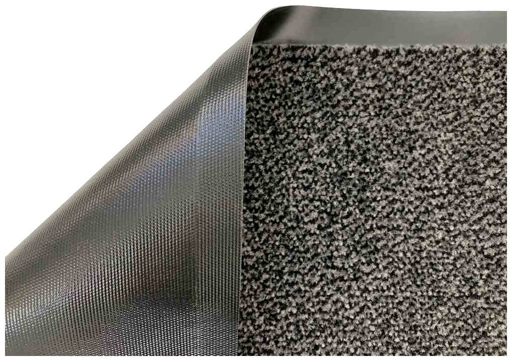 Eine graue Schmutzfangmatte mit rauer Textur und schwarzem gummierten Rand, die auf einem Boden ausgerollt ist.