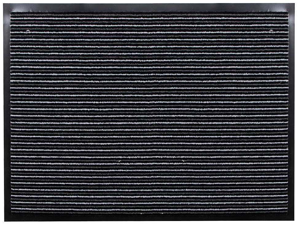 Ein rechteckiger Teppich mit horizontalen, schwarzen und weißen Streifen innerhalb eines dunklen Rahmens.