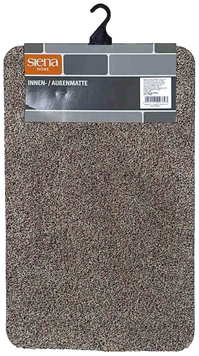 Fußmatte in Braun-Ton, geeignet für Innen- und Außenbereich, mit hängendem Etikett von 'Siena Home'.
