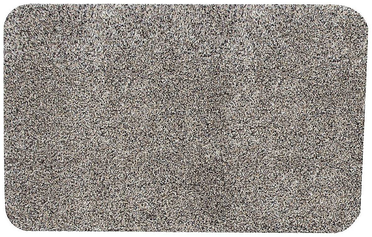 Ein rechteckiger, grauer Teppich mit fein strukturierter, dichter Oberfläche.