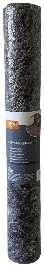 Rolle einer schwarzen Untermatte für Laminat- oder Parkettböden. Auf dem Etikett steht 'Trittschalldämmmatte' mit Produktinformationen.