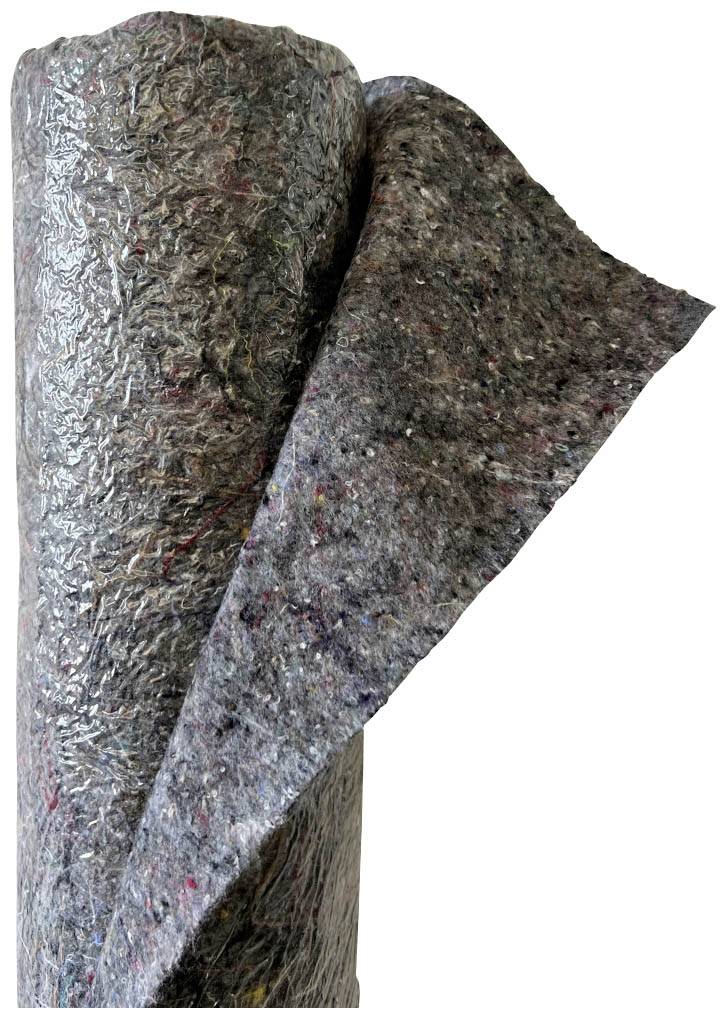 Rolle aus grauem Filzstoff mit bunten Fasern.