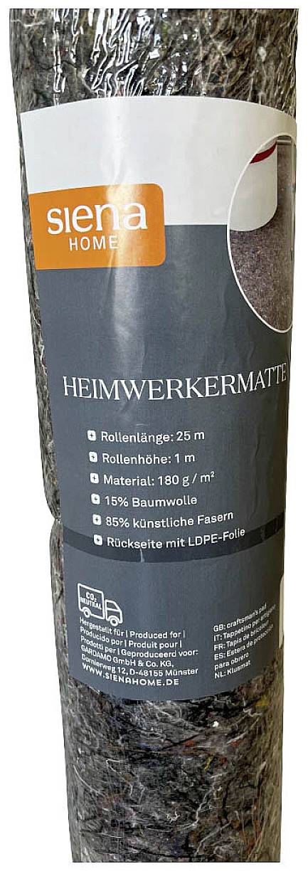 Verpackte Heimwerkermatte von 'siena HOME' aus 15% Baumwolle und 85% Kunststofffasern, Rollenlänge 25 m, Breite 1 m.