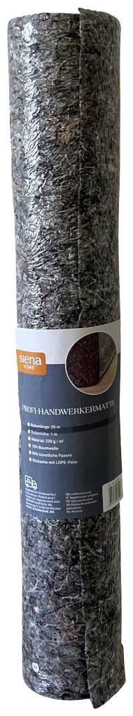 Rolle mit grauem, geflecktem Stoff, wahrscheinlich Filz oder Vlies. Verpackungsetikett mit Produktinformationen in der Mitte.