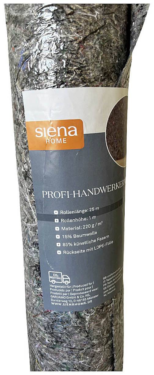 Verpackung eines Profi-Handwerker-Vlies von siena HOME, 1 m x 25 m, aus 85 % synthetischen Fasern und 15 % Baumwolle, mit PE-Beschichtung.