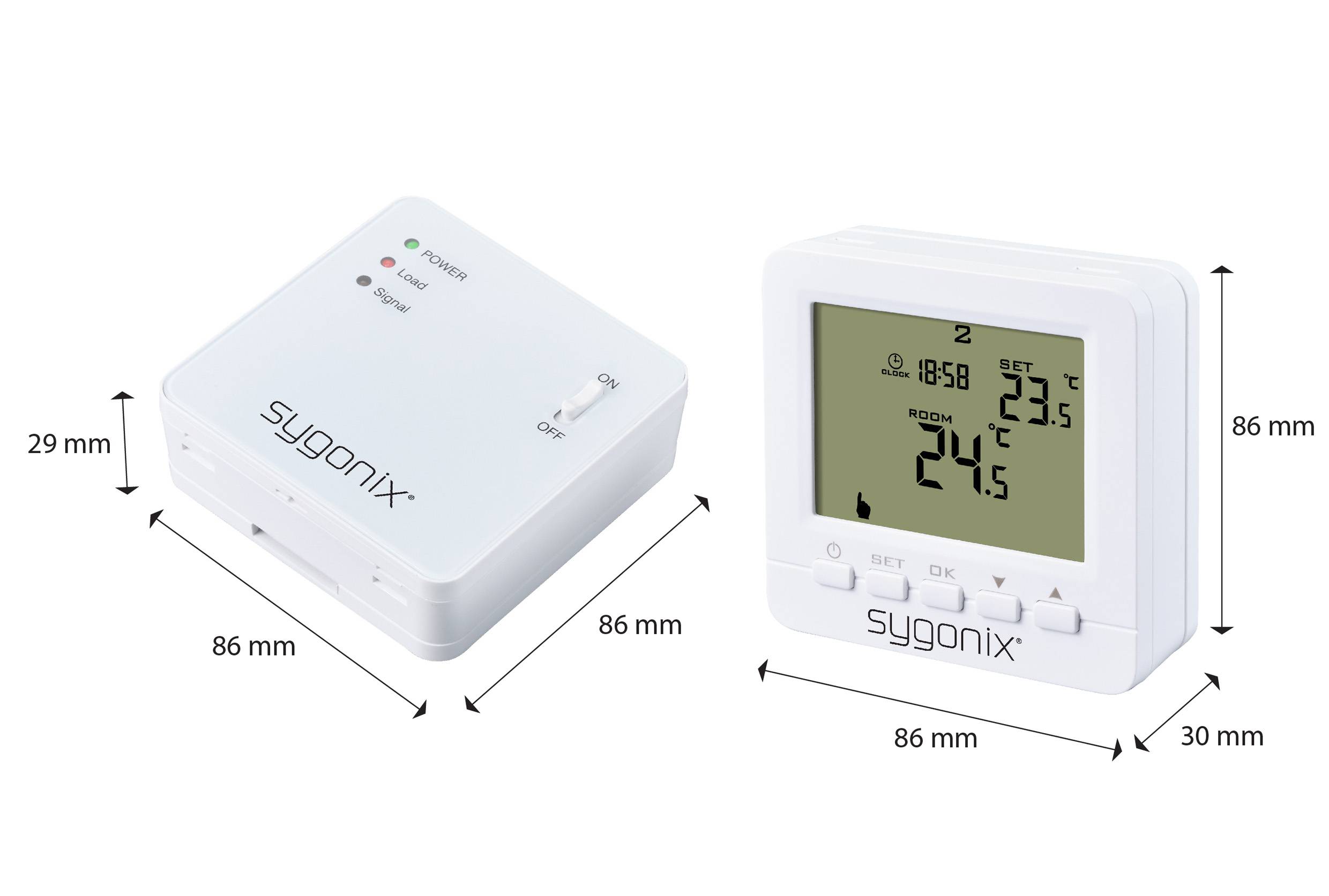 Zwei sygonix-Geräte: links ein Empfänger mit LED-Anzeigen, rechts ein Thermostat mit Display. Maße: 86x29mm und 86x86mm.