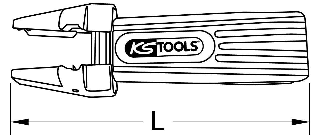 'KS TOOLS'-Logo und verstellbares Werkzeug im Seitenschnitt. Der Buchstabe 'L' zeigt die Längenmessung an.elines