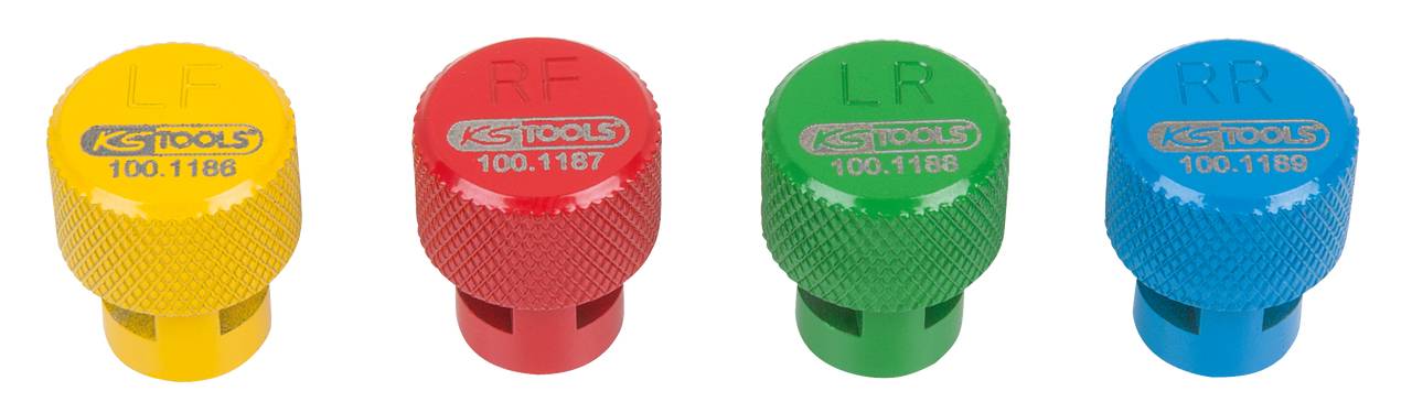 Vier bunte Reifendruckventilkappen in Gelb, Rot, Grün und Blau, jeweils mit der Beschriftung 'LF', 'RF', 'LR', 'RR' für Reifenpositionen.
