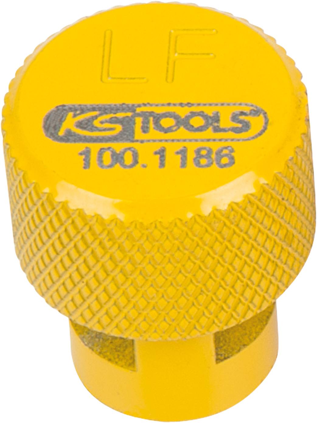 Gelbe Kappe mit der Aufschrift 'KS TOOLS 100.1186 LF', verwendet vermutlich als Schutz- oder Verschlusskappe in einem technischen Umfeld.