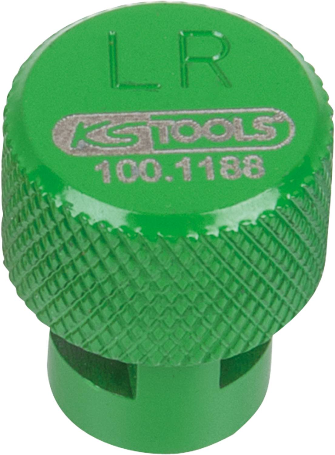 Grüner Werkzeugaufsatz mit der Aufschrift 'LR', 'KSTOOLS' und '100.1188'. Geriffelte Oberfläche für besseren Halt.
